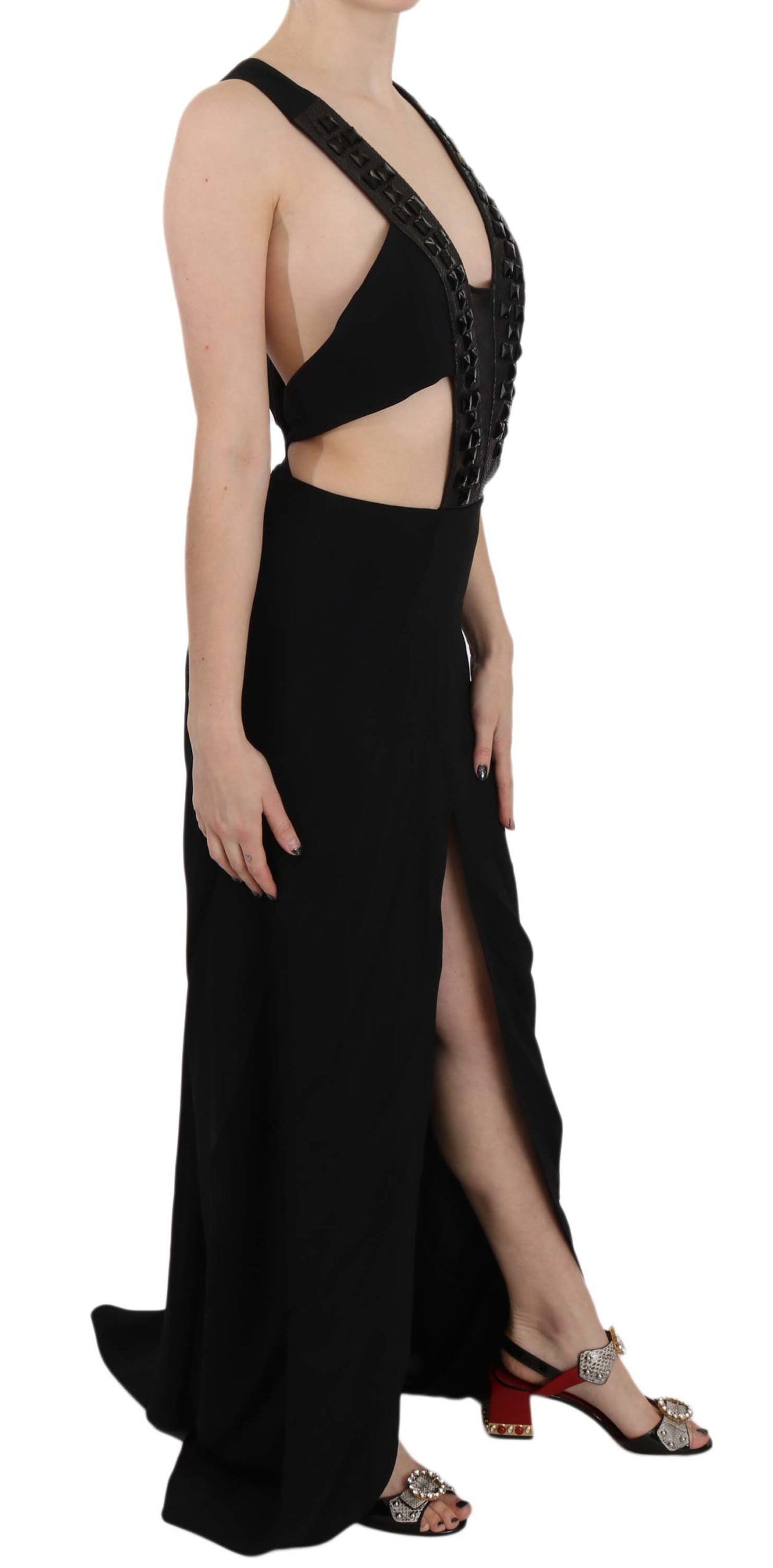 Robe trapèze en cuir noir à cristaux de John Richmond