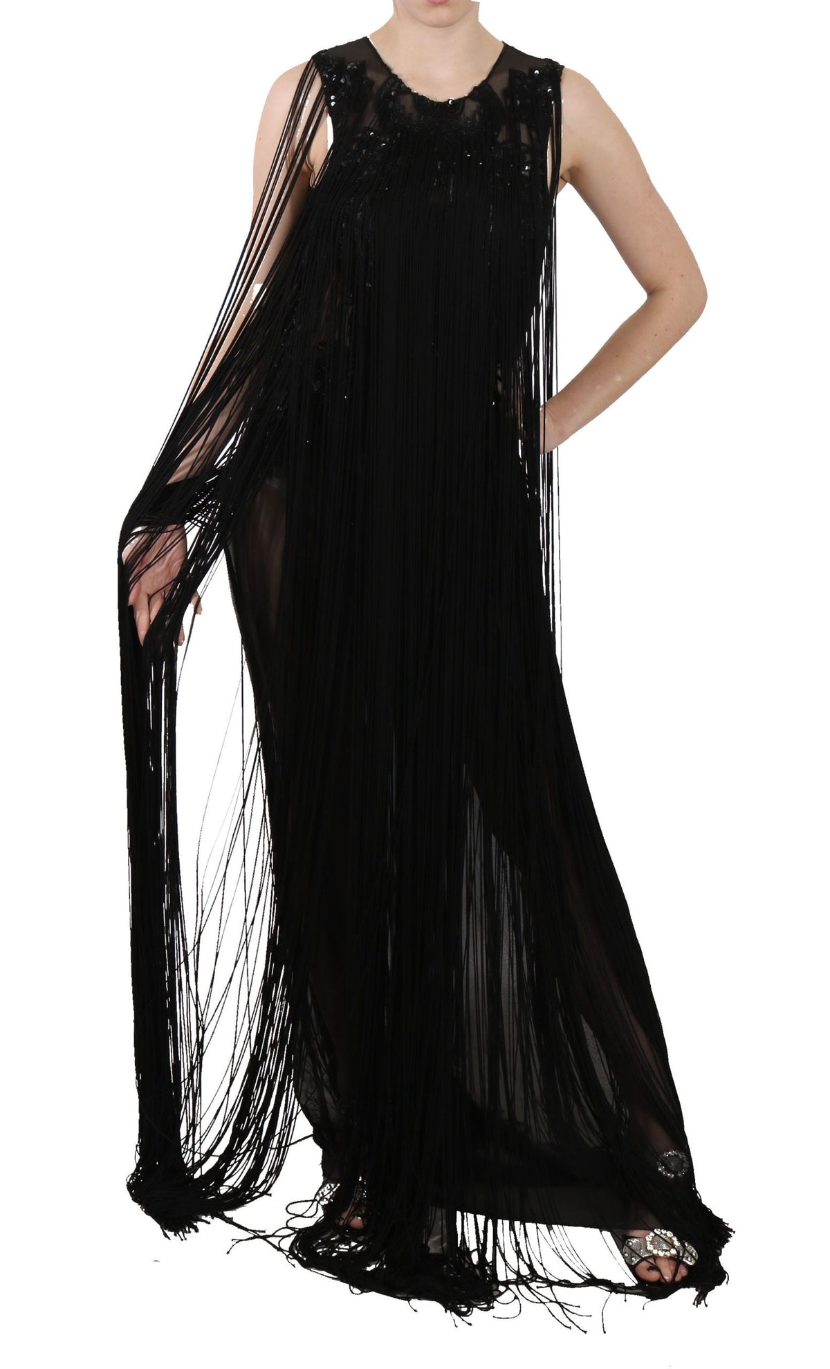 Robe transparente en soie noire brodée de paillettes et de perles de John Richmond