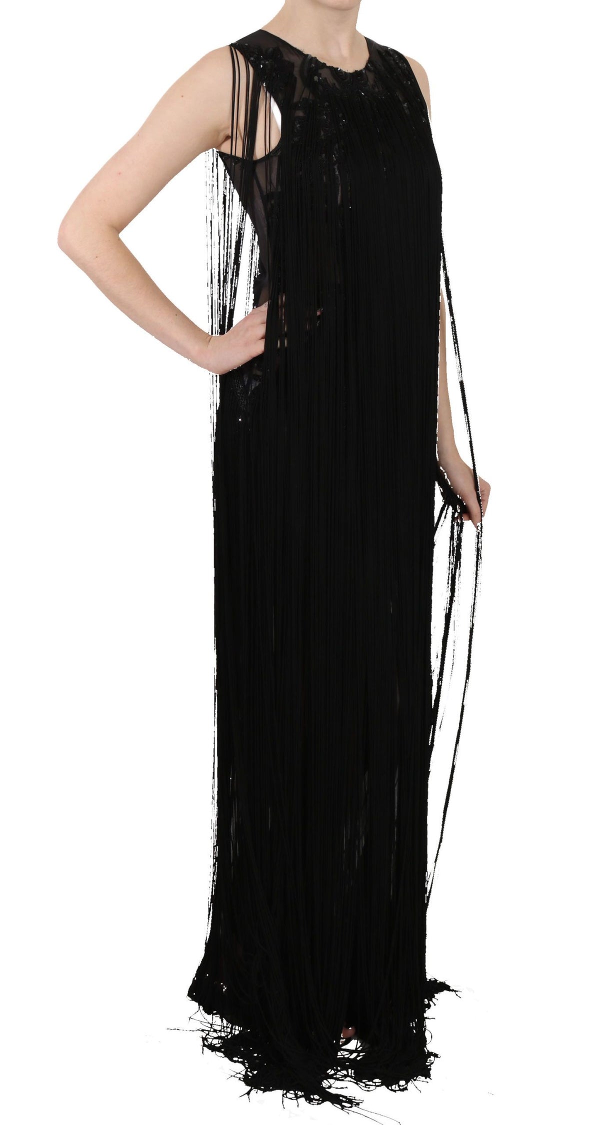 Robe transparente en soie noire brodée de paillettes et de perles de John Richmond
