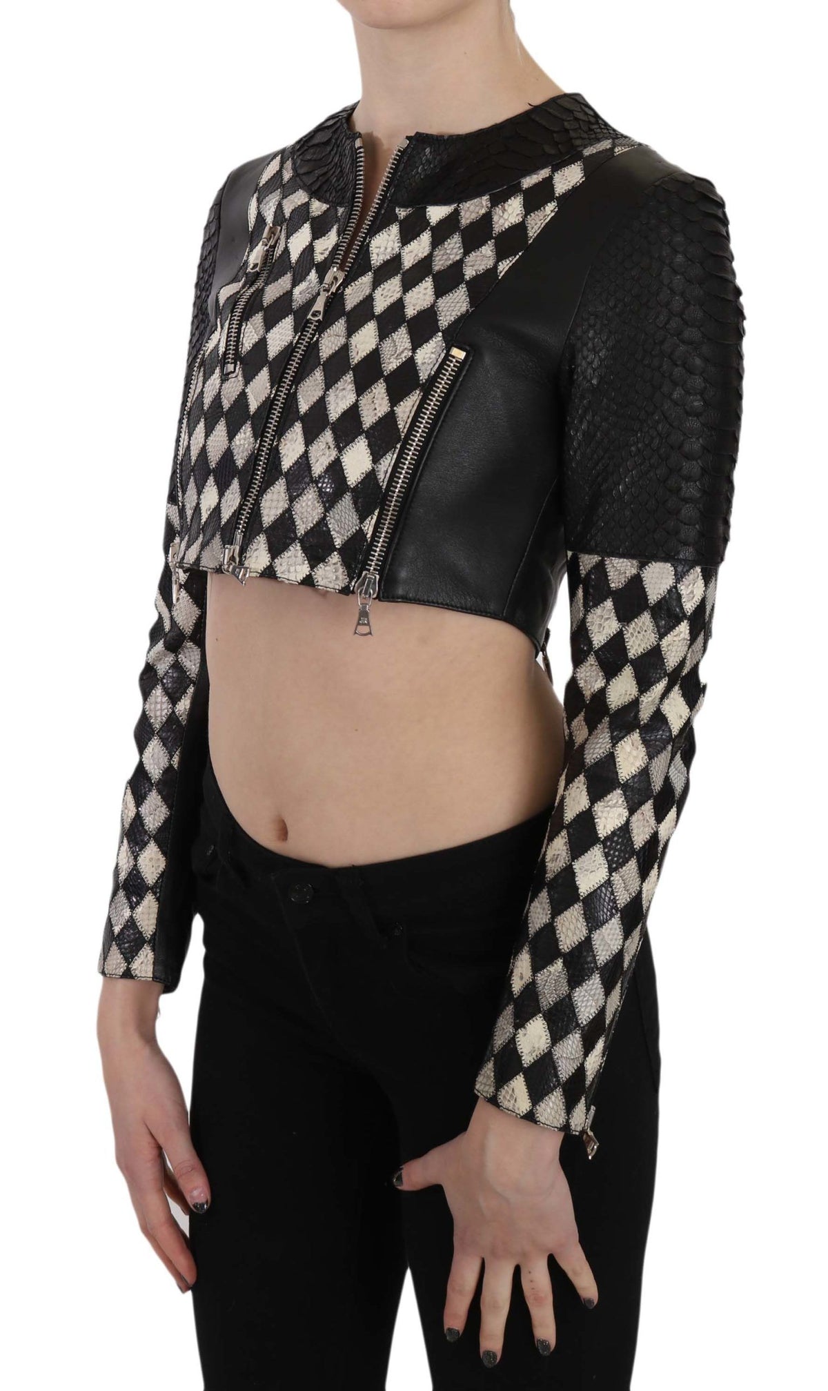 Veste motard courte et courte en cuir noir et blanc de John Richmond