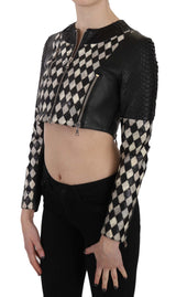 Veste motard courte et courte en cuir noir et blanc de John Richmond