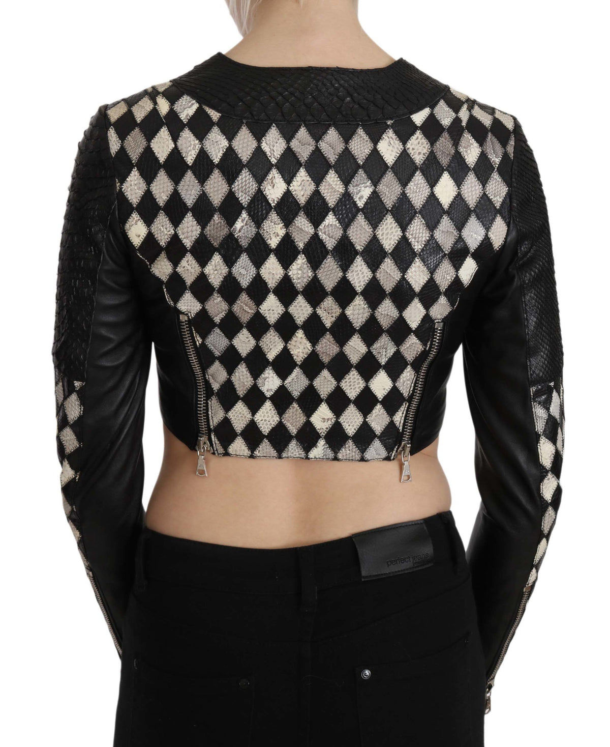 Veste motard courte et courte en cuir noir et blanc de John Richmond