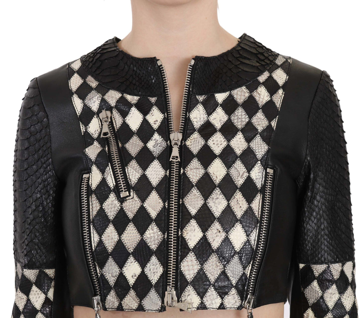 Veste motard courte et courte en cuir noir et blanc de John Richmond