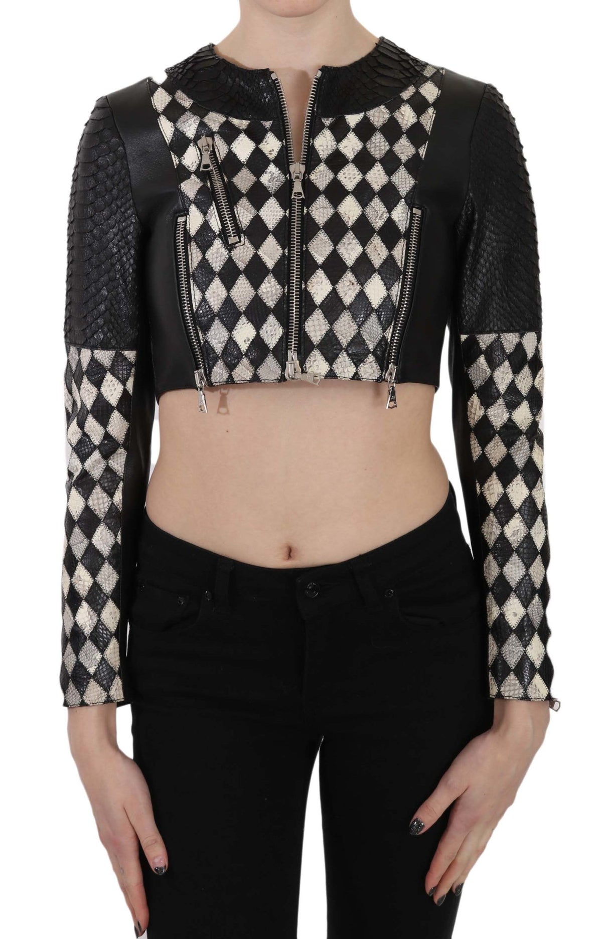 Veste motard courte et courte en cuir noir et blanc de John Richmond