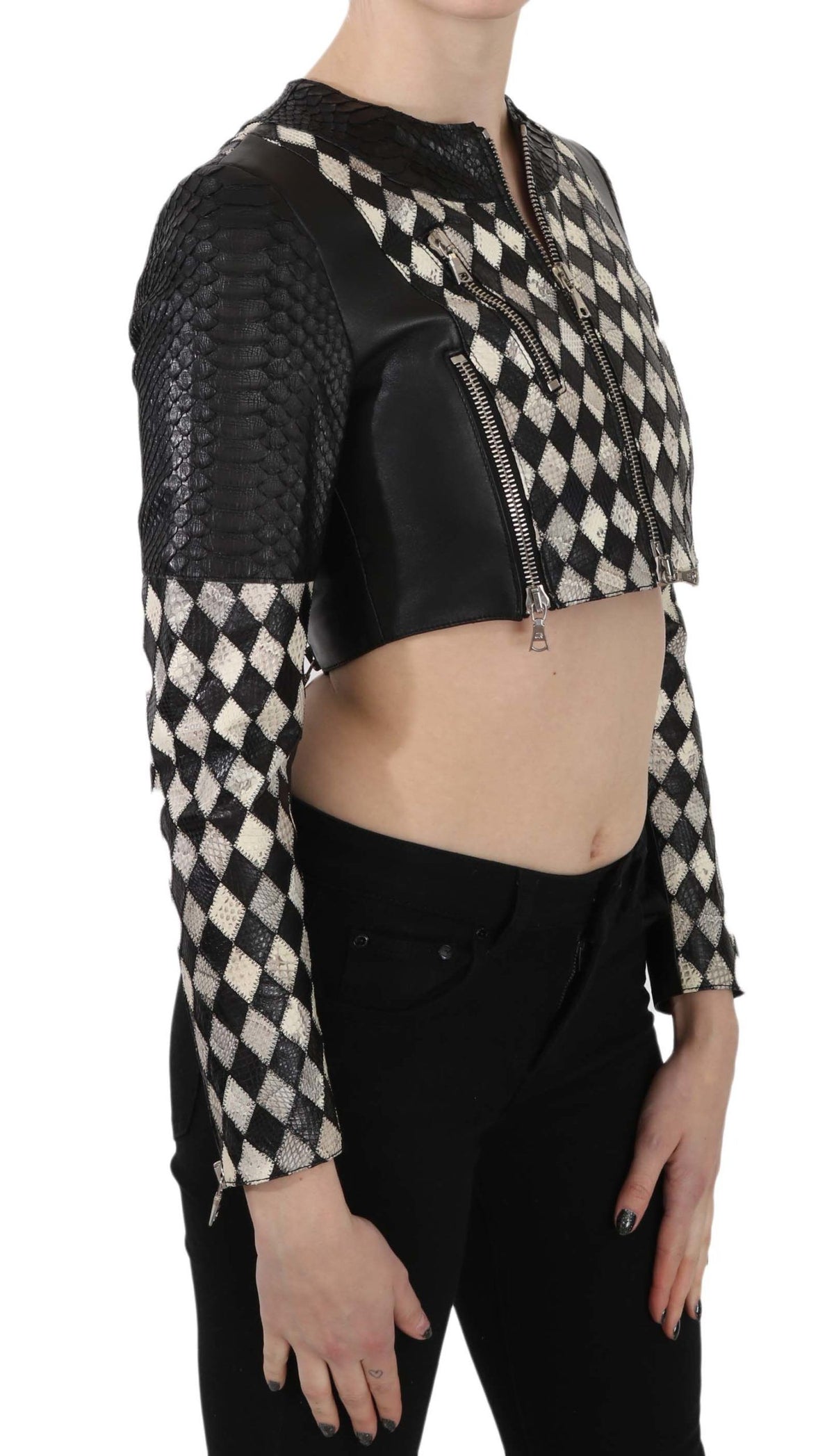 Veste motard courte et courte en cuir noir et blanc de John Richmond