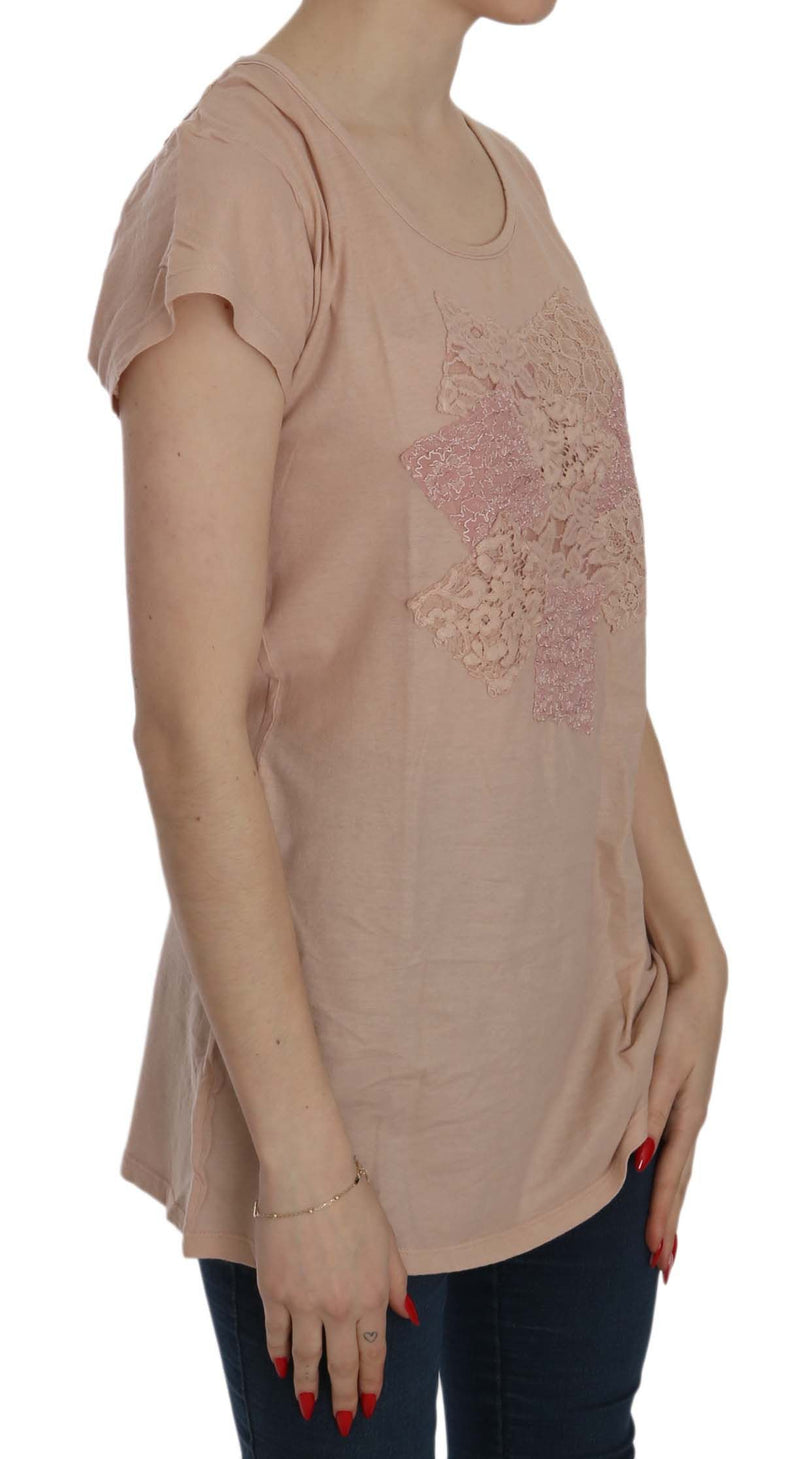 PINK MEMORIES Pink Cream Lace Short Sleeve Shirt Top Cotton Blouse