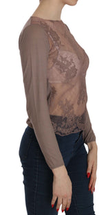 PINK MEMORIES Haut à manches longues en dentelle marron transparent