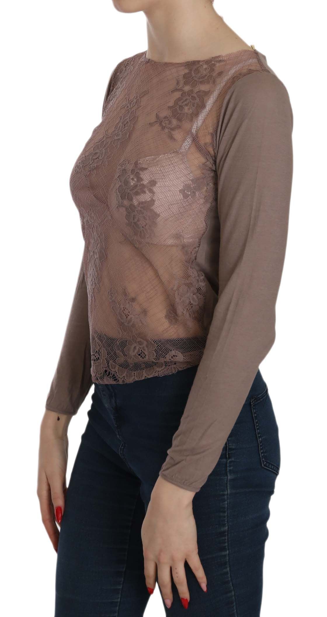 PINK MEMORIES Haut à manches longues en dentelle marron transparent