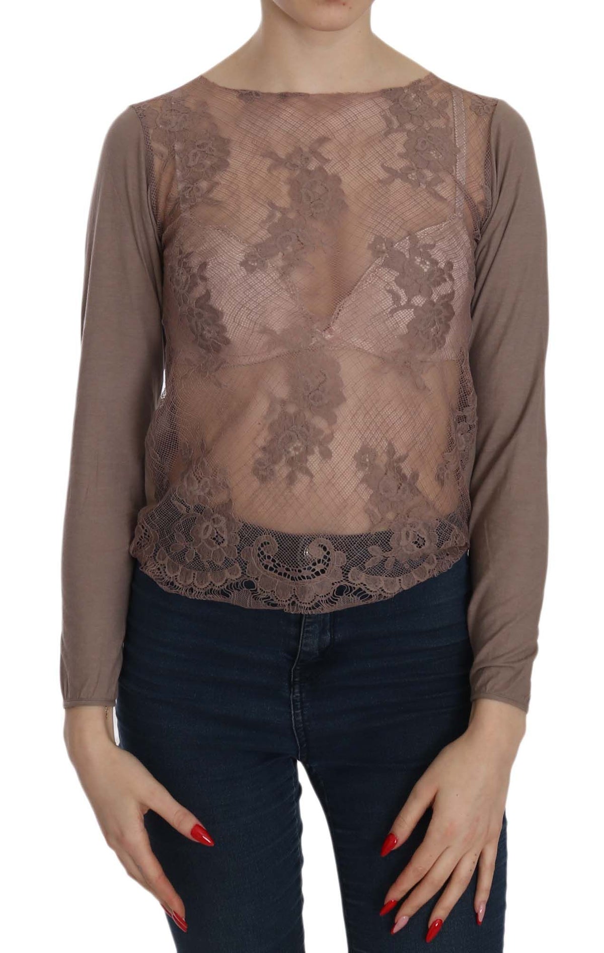 PINK MEMORIES Haut à manches longues en dentelle marron transparent