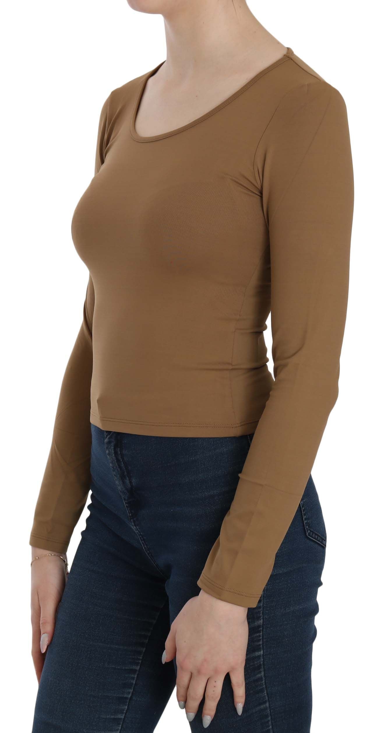 Blouse, chemisier, haut, top moulant à manches longues et col rond brun GF Ferre