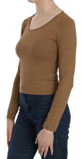 Blouse, chemisier, haut, top moulant à manches longues et col rond brun GF Ferre