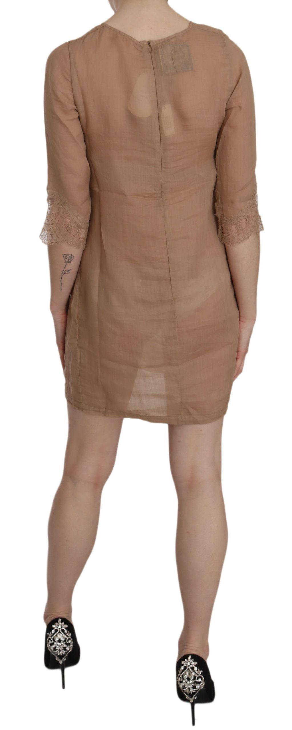 PINK MEMORIES Robe mini trapèze marron à manches 3/4 et col rond
