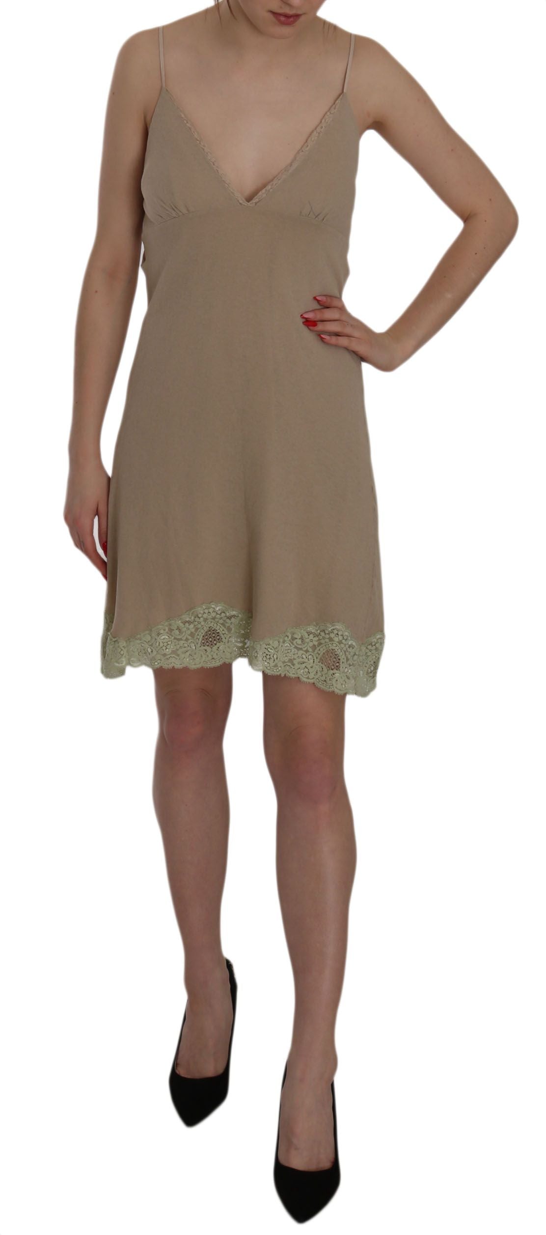 PINK MEMORIES Robe mini en coton beige à fines bretelles en dentelle