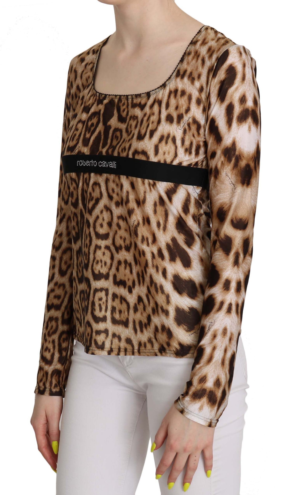 Blouse Roberto Cavalli pour femme, col rond, marron, imprimé léopard.
