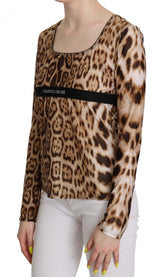 Blouse Roberto Cavalli pour femme, col rond, marron, imprimé léopard.