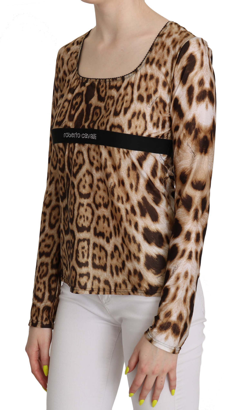 Blouse Roberto Cavalli pour femme, col rond, marron, imprimé léopard.