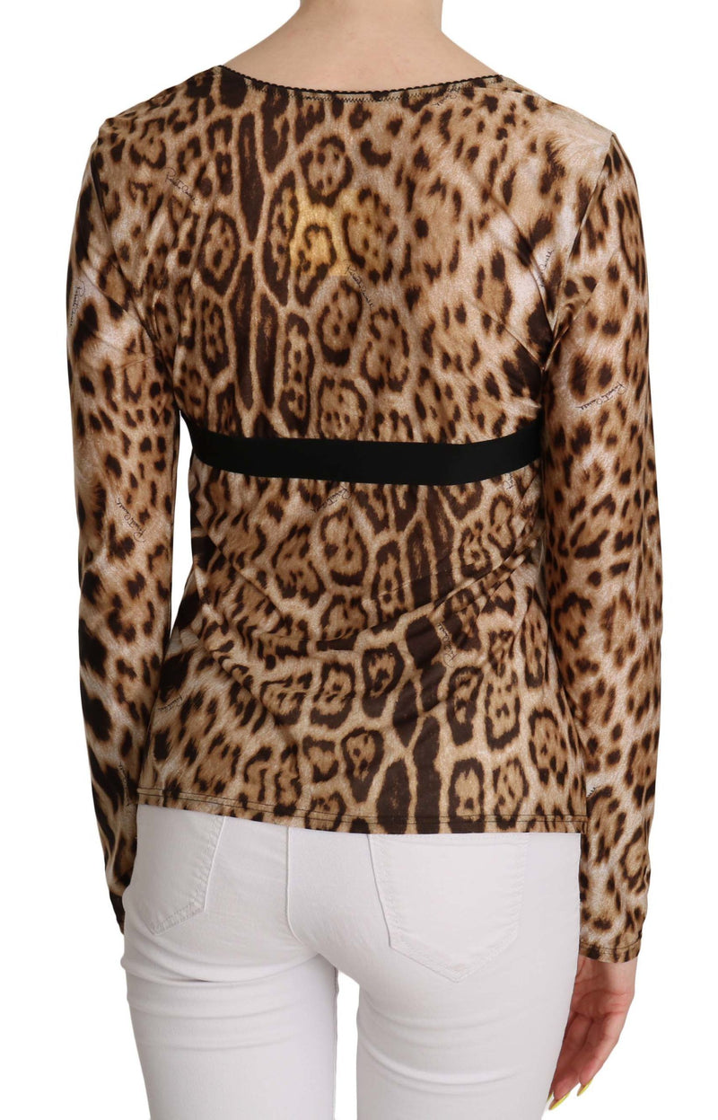 Blouse Roberto Cavalli pour femme, col rond, marron, imprimé léopard.