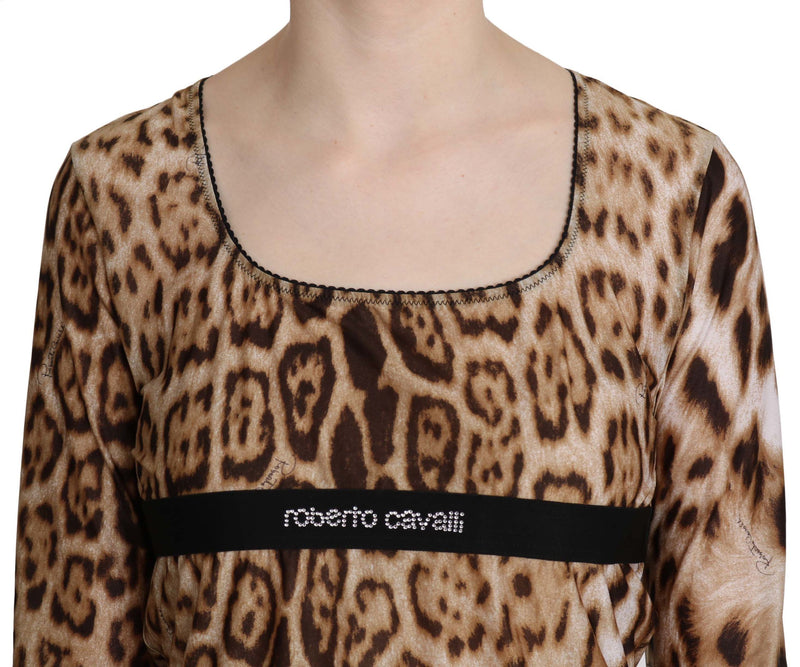 Blouse Roberto Cavalli pour femme, col rond, marron, imprimé léopard.