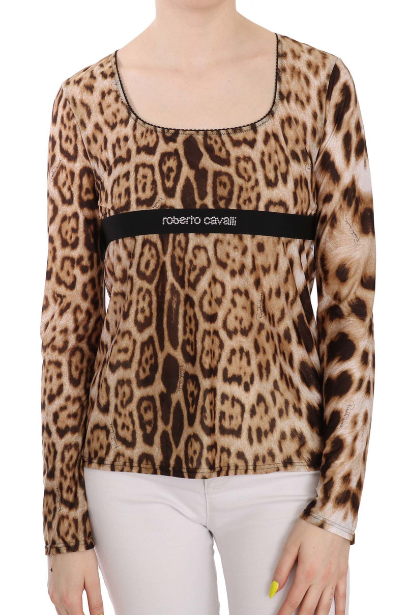 Blouse Roberto Cavalli pour femme, col rond, marron, imprimé léopard.
