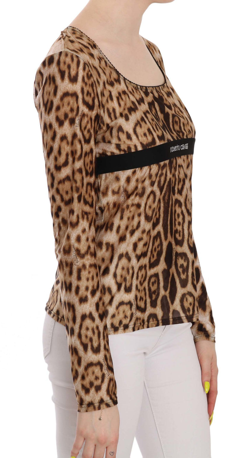 Blouse Roberto Cavalli pour femme, col rond, marron, imprimé léopard.