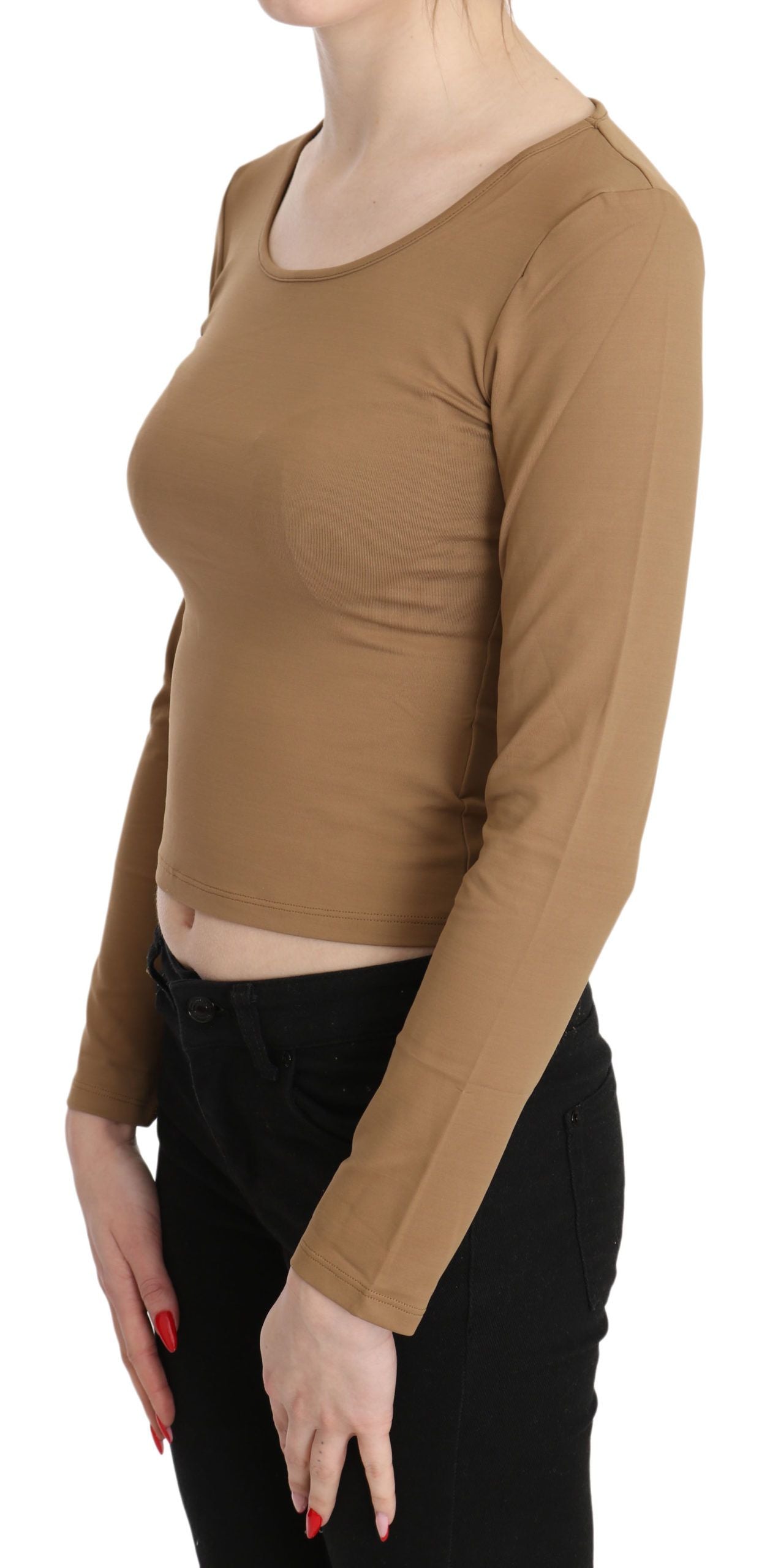 Blouse courte, col rond, manches longues, taille ajustée, marron, GF Ferre