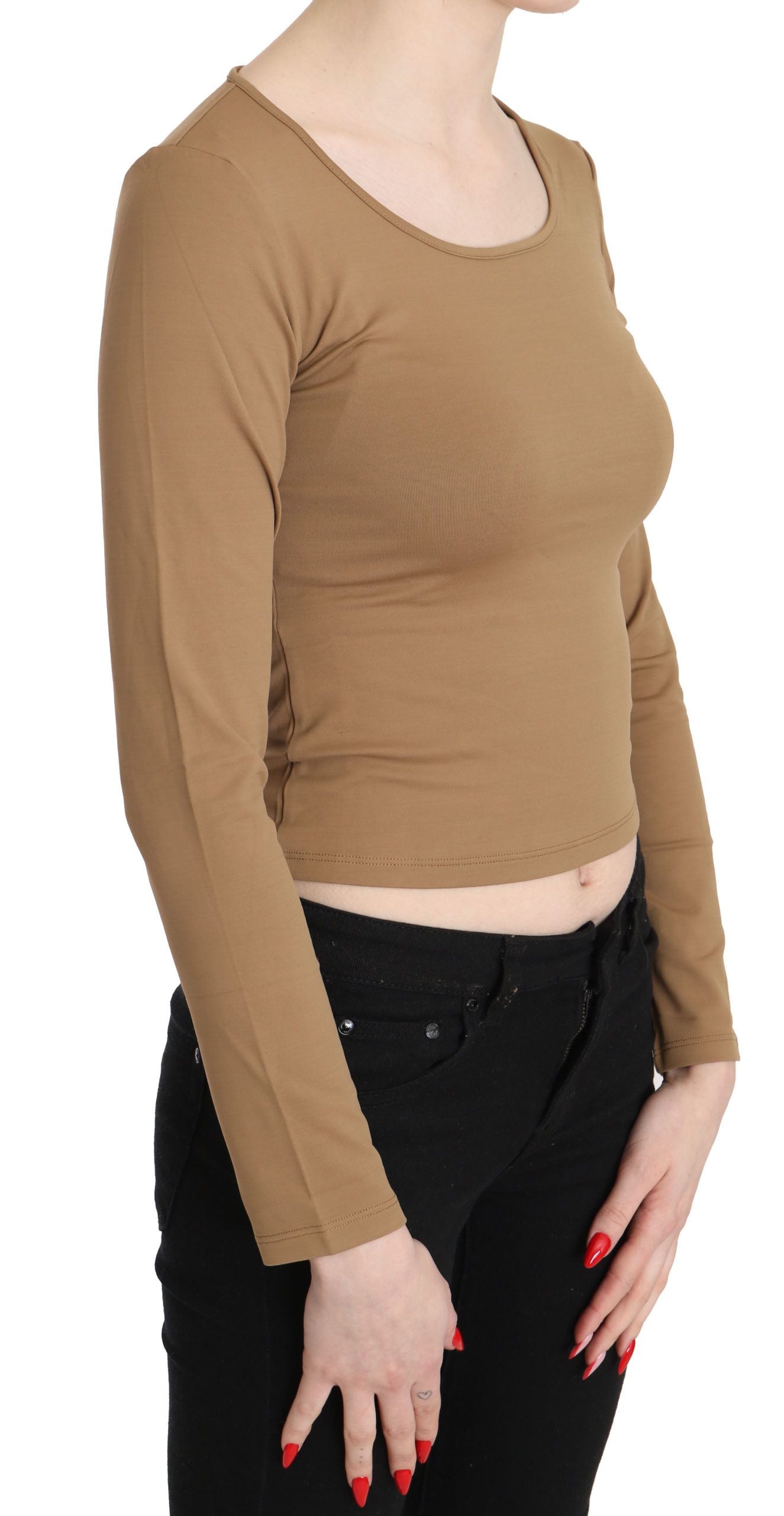 Blouse courte, col rond, manches longues, taille ajustée, marron, GF Ferre