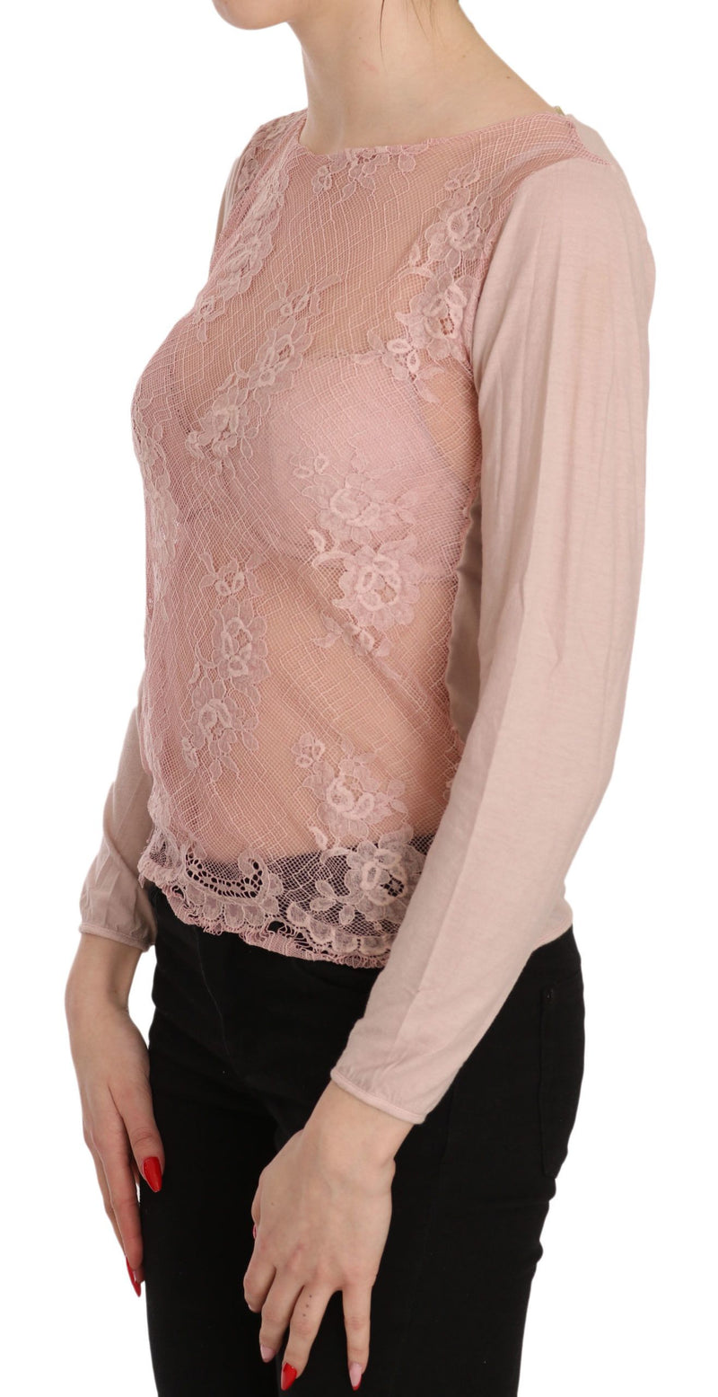 PINK MEMORIES Haut Blouse à Manches Longues en Dentelle Rose Transparent
