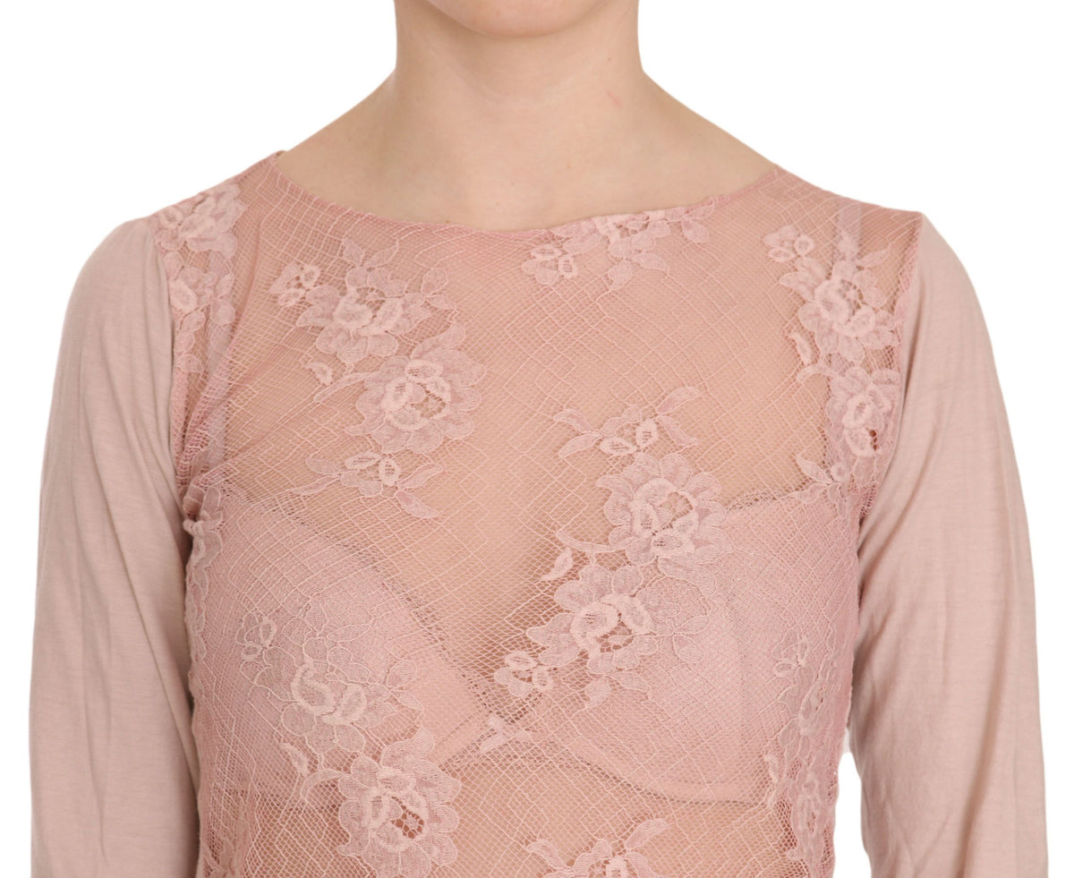 PINK MEMORIES Haut Blouse à Manches Longues en Dentelle Rose Transparent