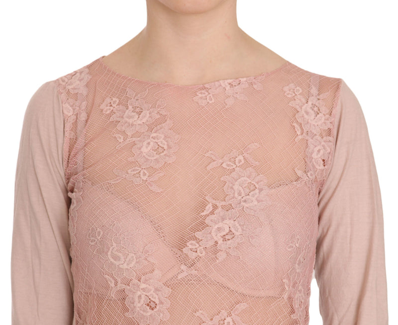 PINK MEMORIES Haut Blouse à Manches Longues en Dentelle Rose Transparent
