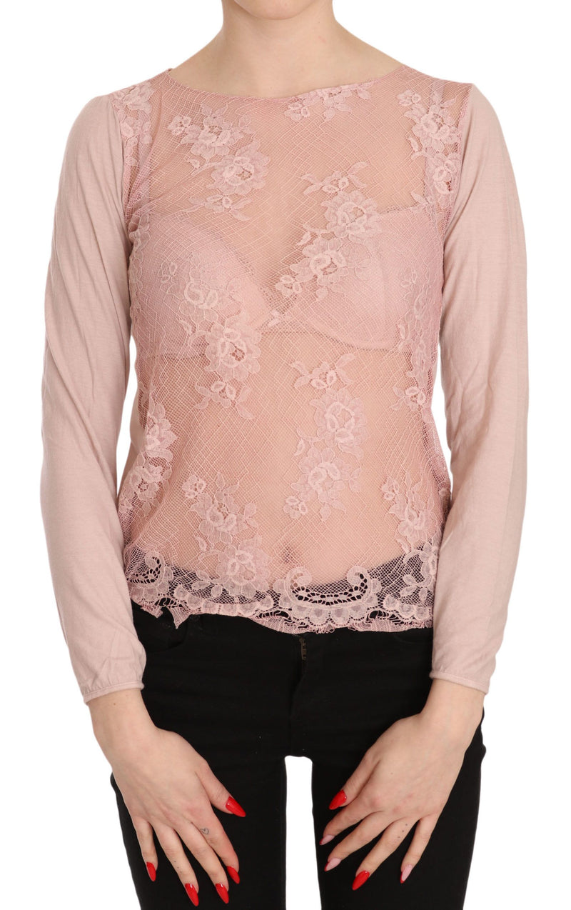 PINK MEMORIES Haut Blouse à Manches Longues en Dentelle Rose Transparent