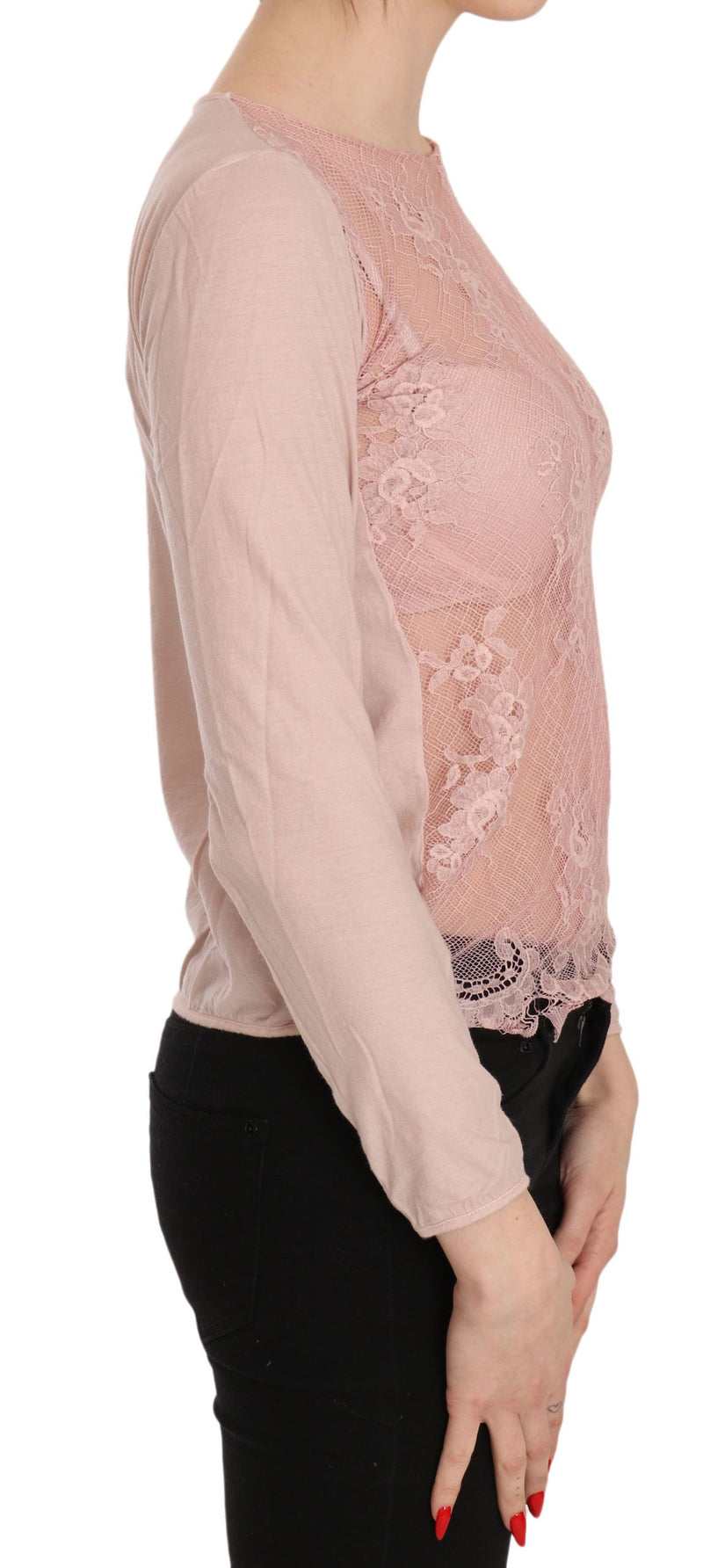 PINK MEMORIES Haut Blouse à Manches Longues en Dentelle Rose Transparent