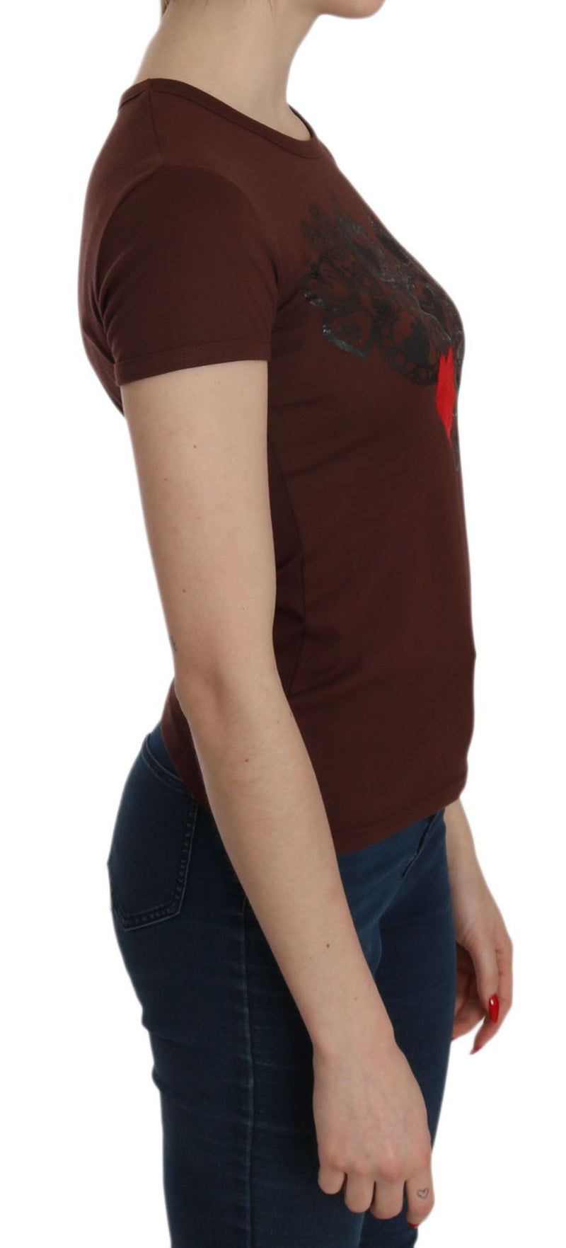 T-shirt à manches courtes pour femme, col rond, imprimé cœur brun, Exte.
