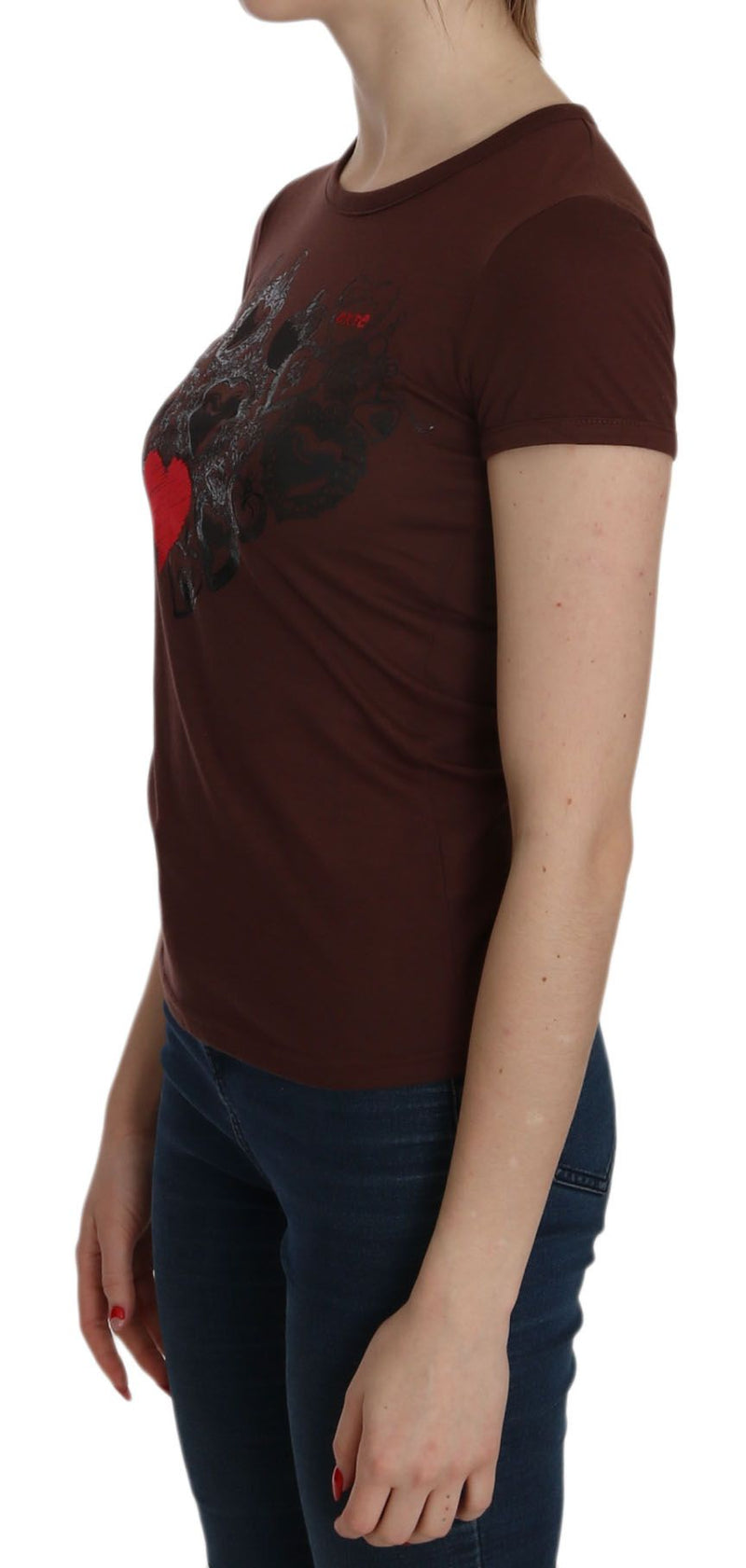 T-shirt à manches courtes pour femme, col rond, imprimé cœur brun, Exte.