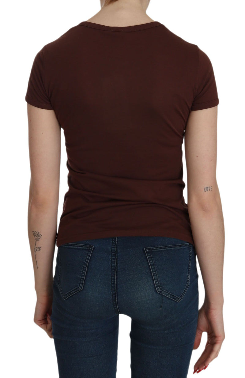 T-shirt à manches courtes pour femme, col rond, imprimé cœur brun, Exte.