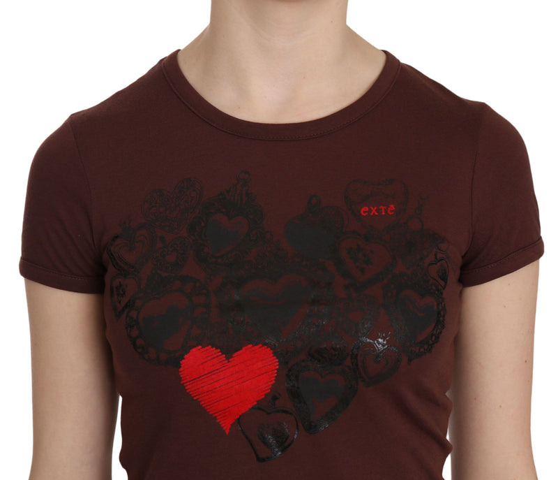 T-shirt à manches courtes pour femme, col rond, imprimé cœur brun, Exte.