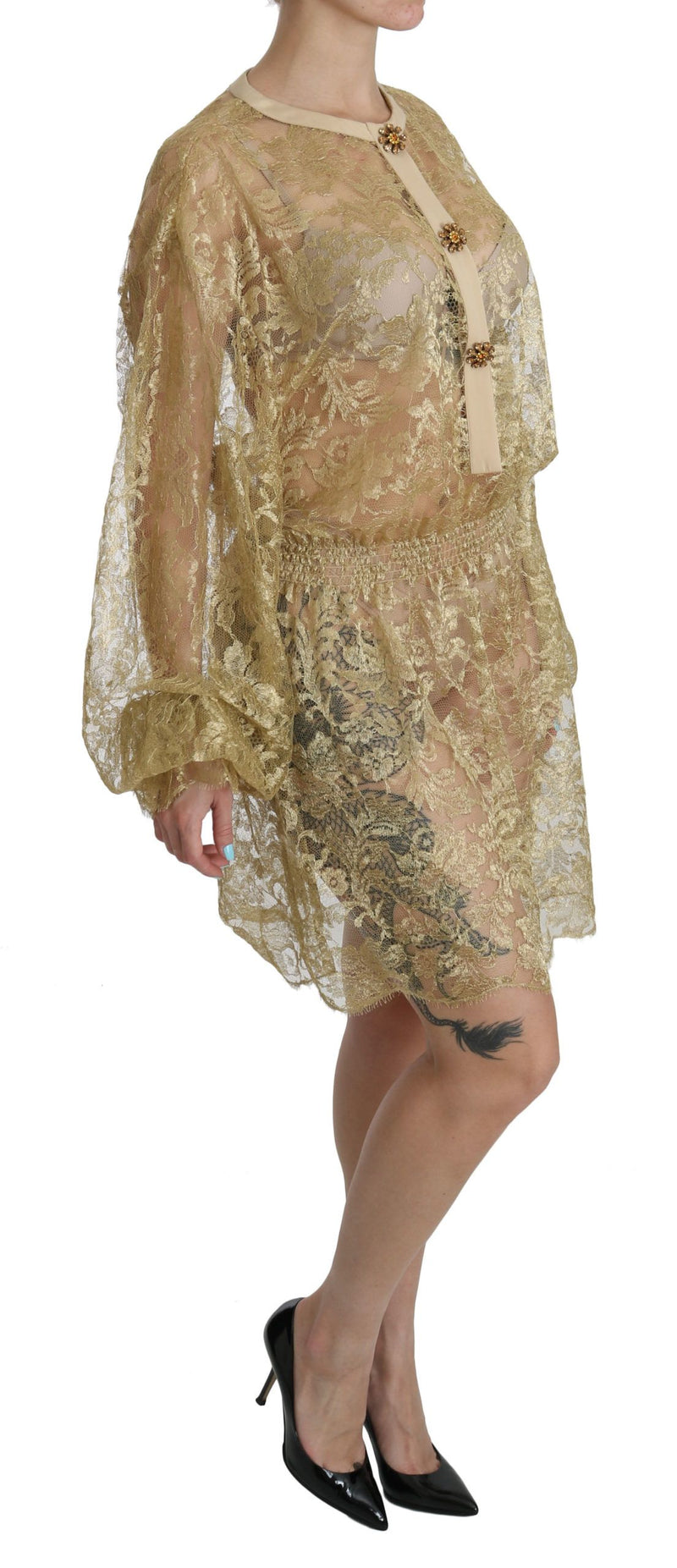 Robe trapeze mi-longue en dentelle dorée transparente Dolce &amp; Gabbana