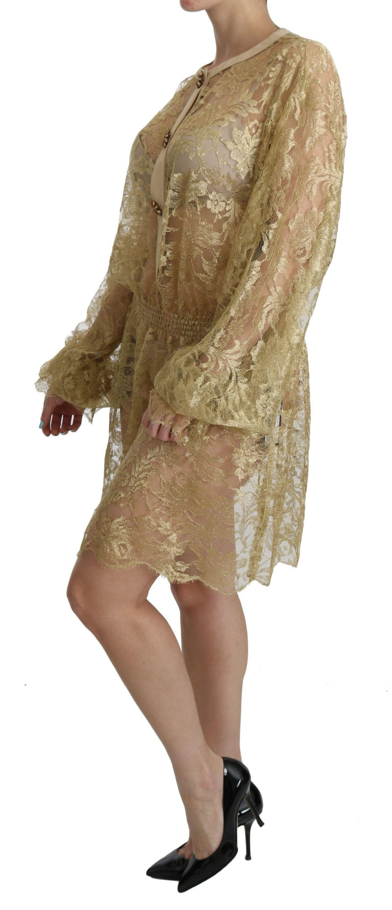 Robe trapeze mi-longue en dentelle dorée transparente Dolce &amp; Gabbana