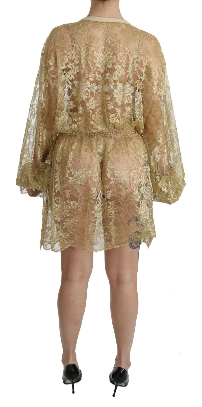Robe trapeze mi-longue en dentelle dorée transparente Dolce &amp; Gabbana