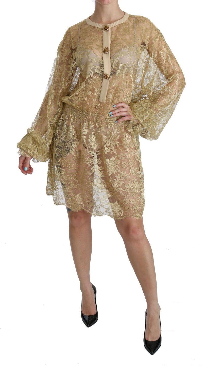 Robe trapeze mi-longue en dentelle dorée transparente Dolce &amp; Gabbana