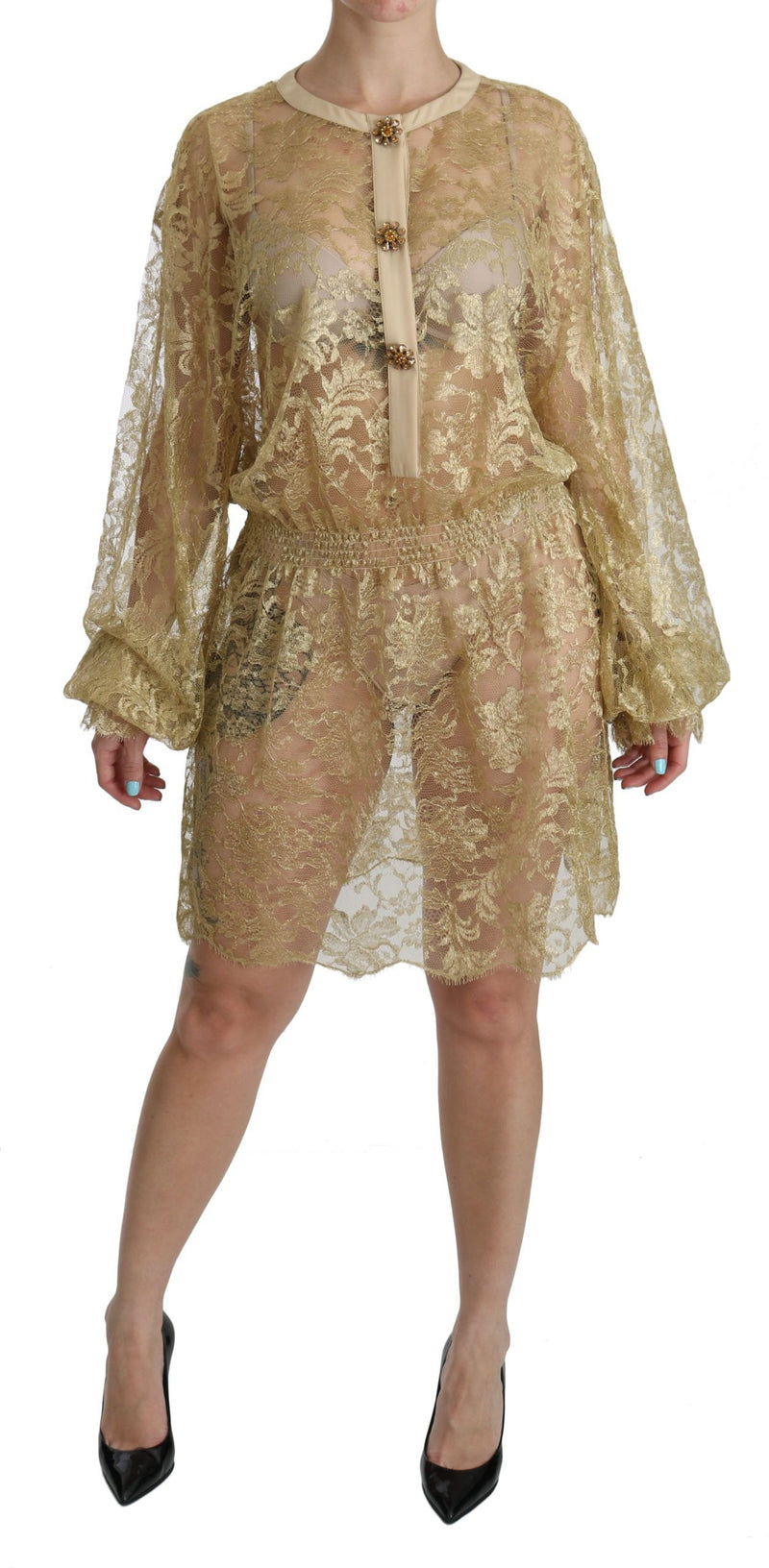 Robe trapeze mi-longue en dentelle dorée transparente Dolce &amp; Gabbana