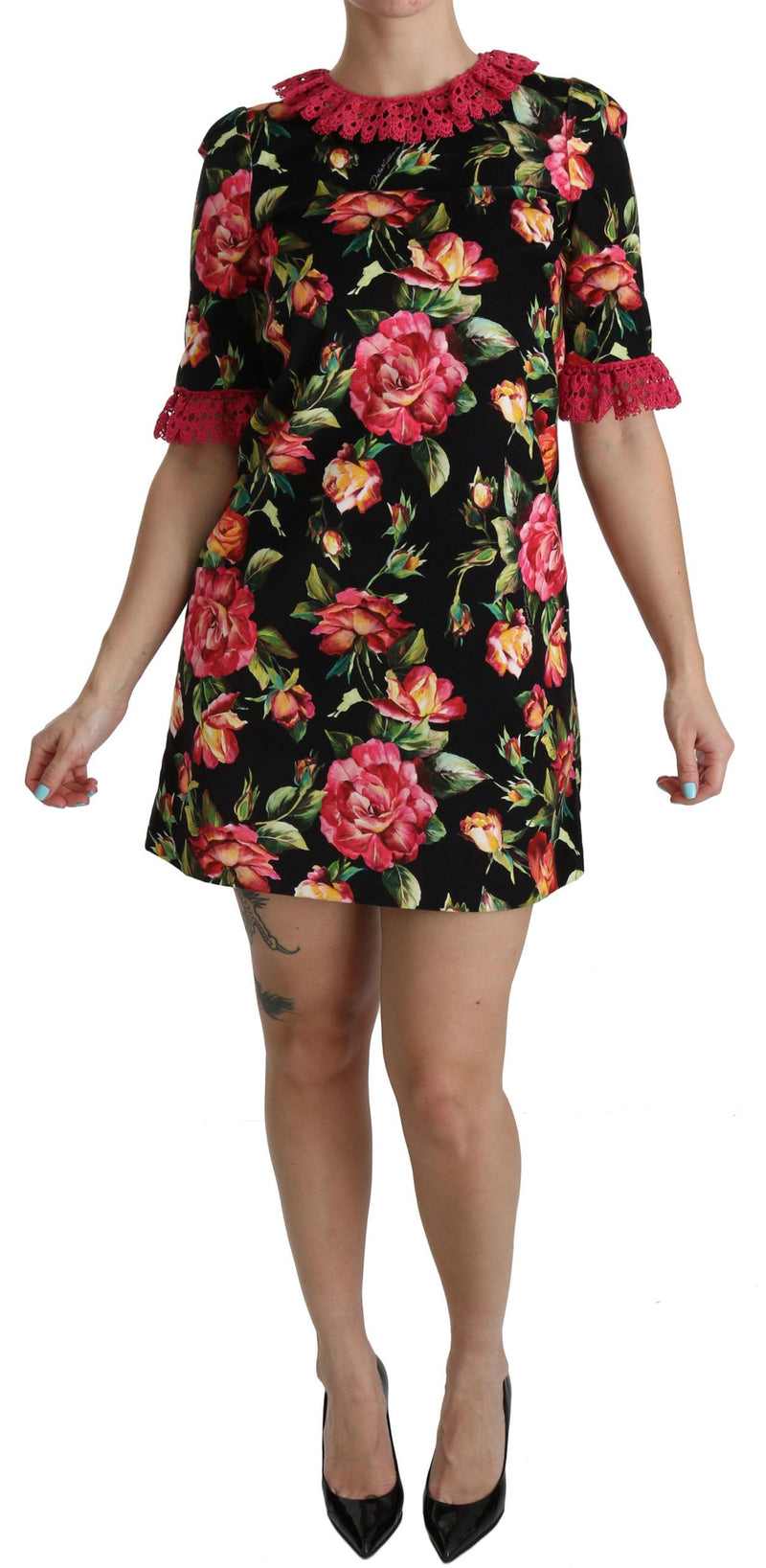Mini-robe trapèze en dentelle rose à motifs floraux de Dolce &amp; Gabbana