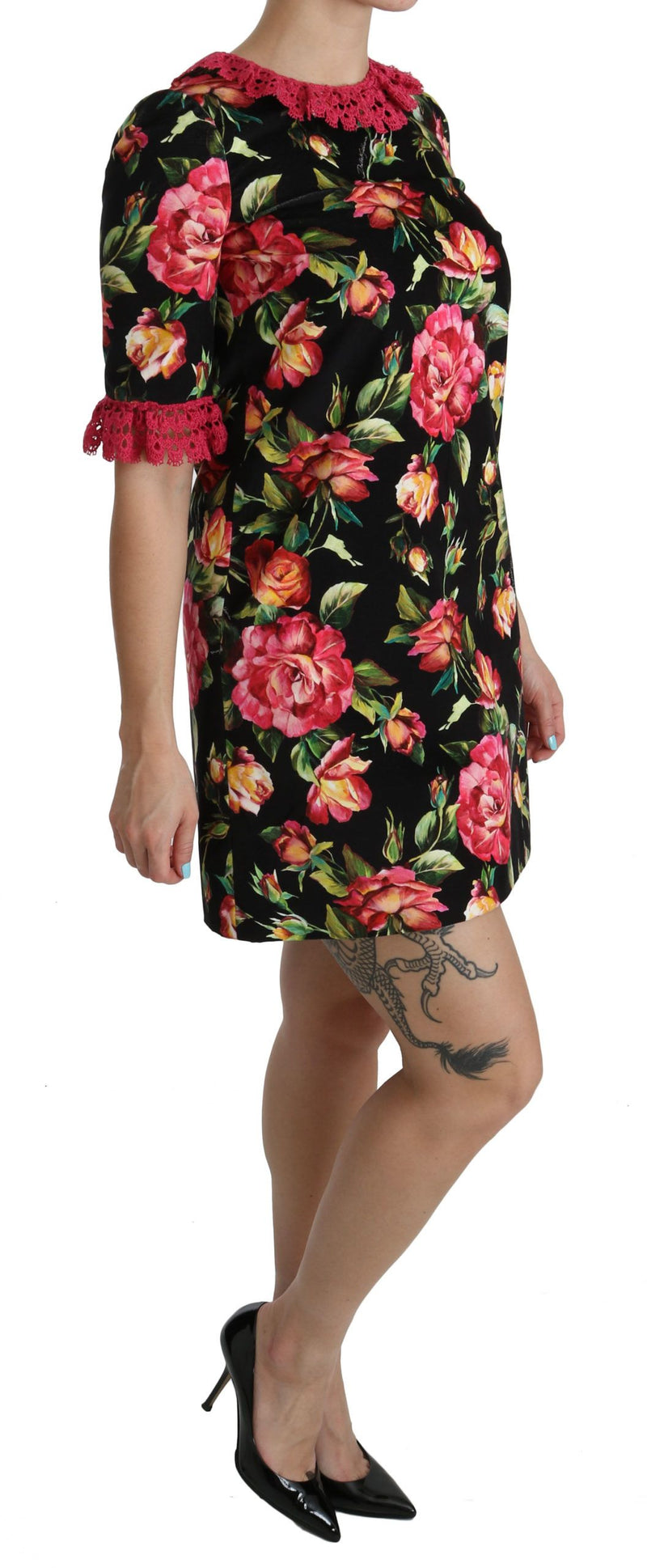 Mini-robe trapèze en dentelle rose à motifs floraux de Dolce &amp; Gabbana