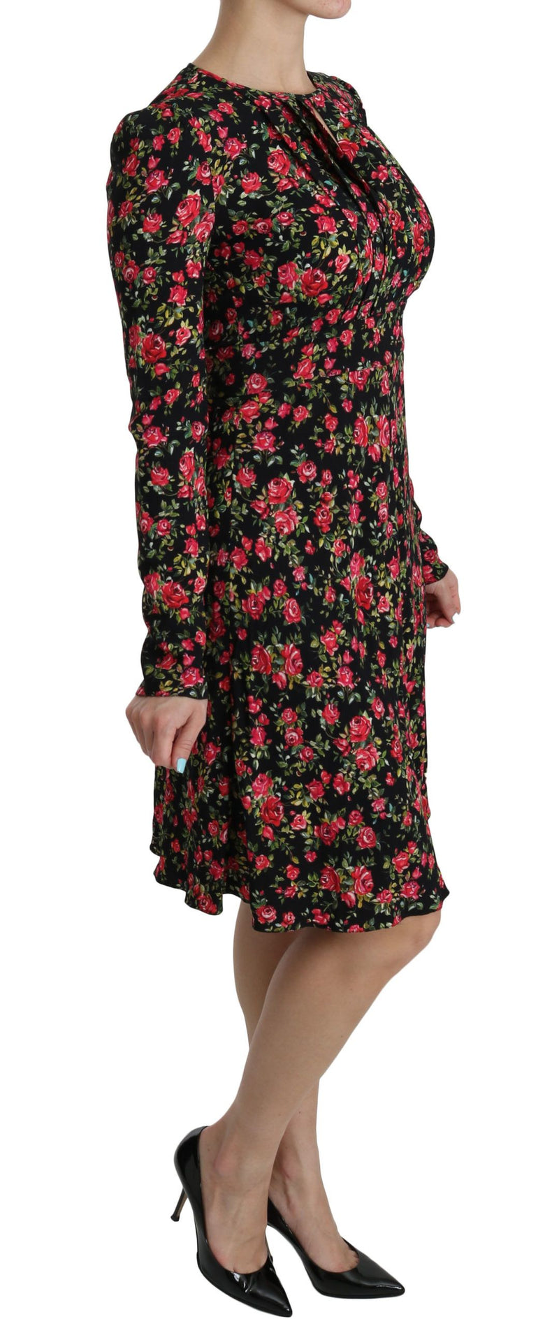 Robe noire à fleurs à manches longues et longueur genou de Dolce &amp; Gabbana