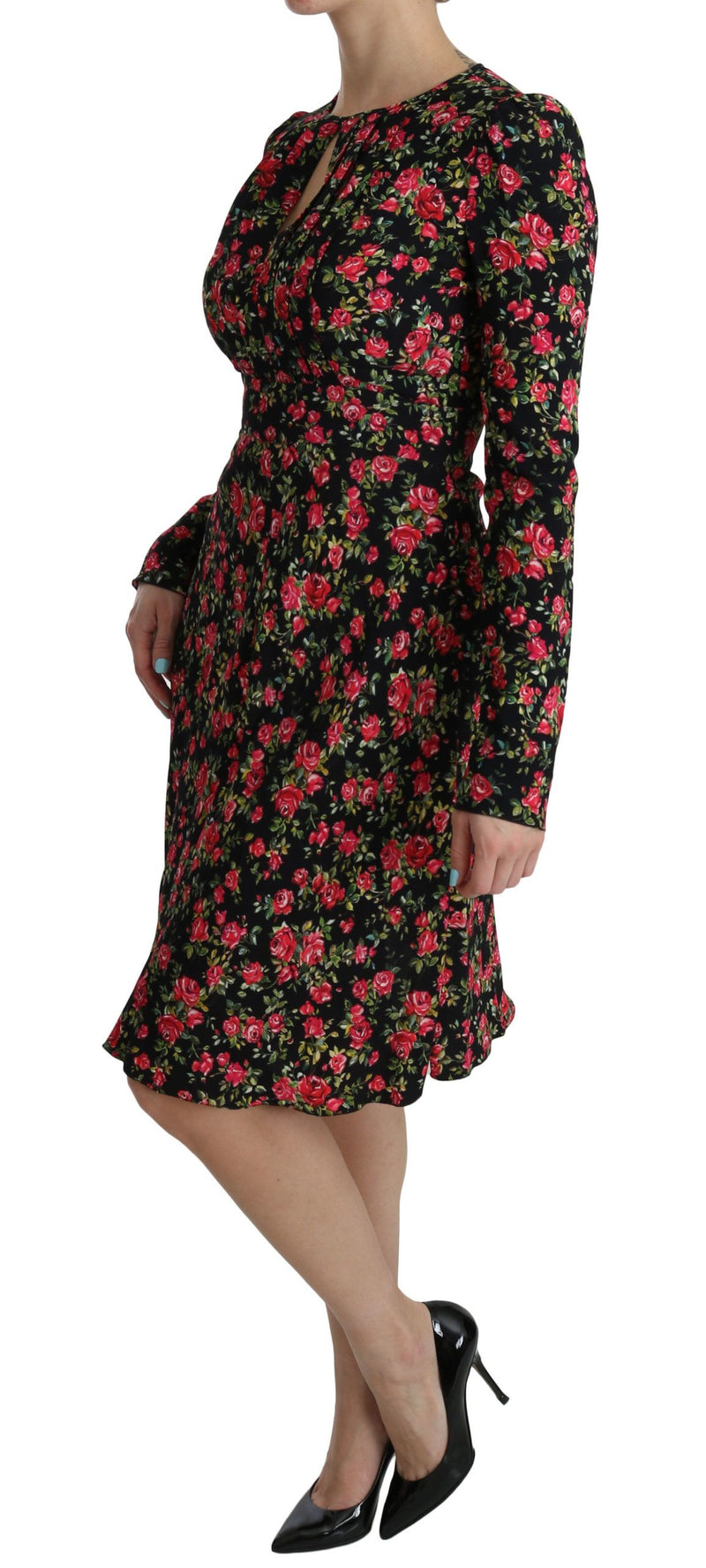 Robe noire à fleurs à manches longues et longueur genou de Dolce &amp; Gabbana