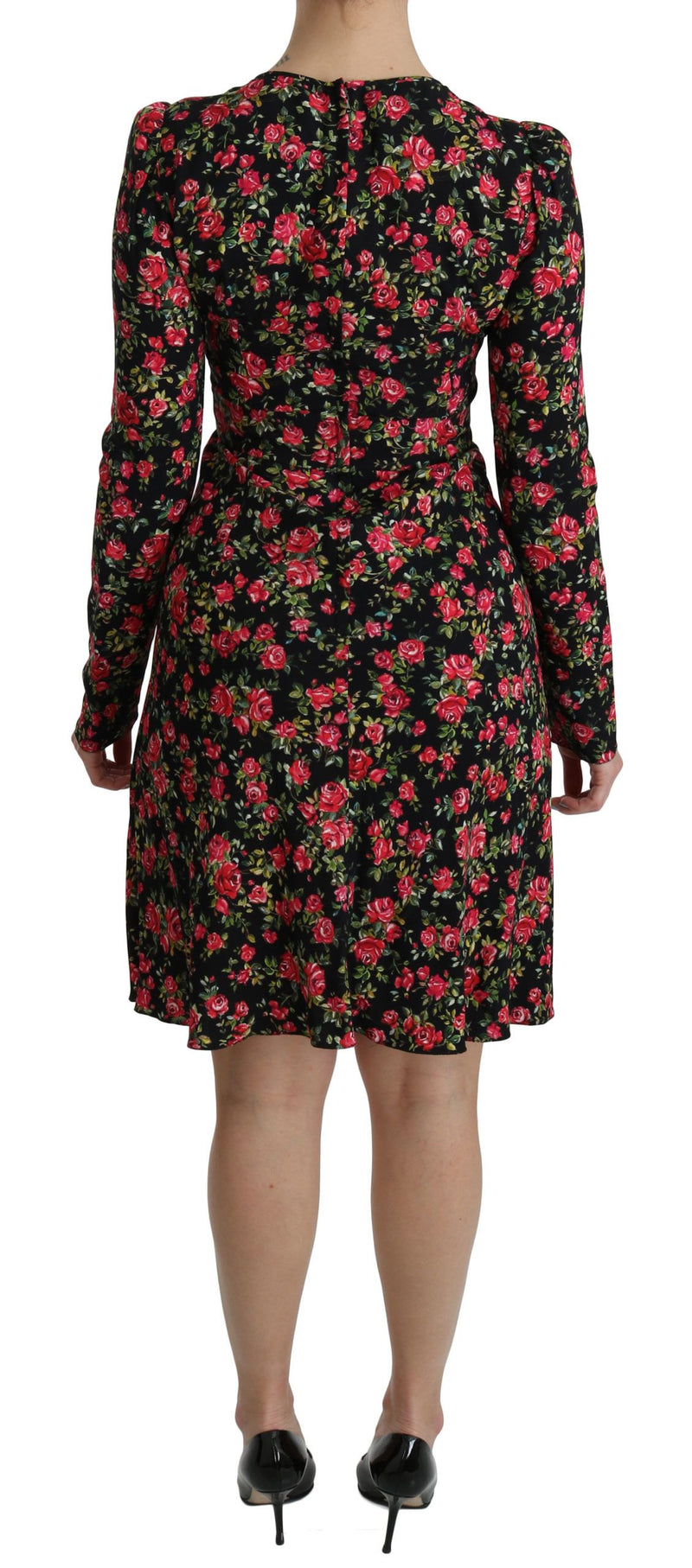 Robe noire à fleurs à manches longues et longueur genou de Dolce &amp; Gabbana