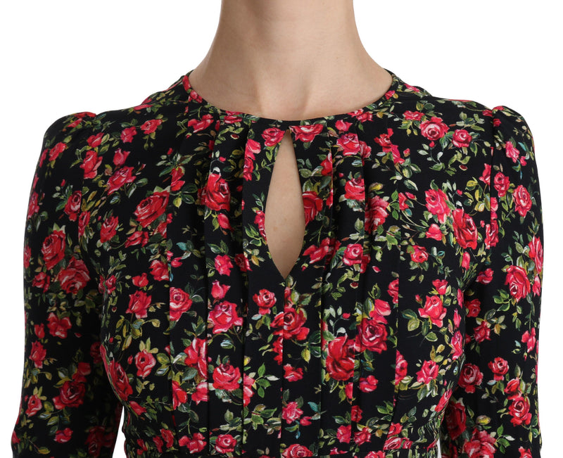 Robe noire à fleurs à manches longues et longueur genou de Dolce &amp; Gabbana