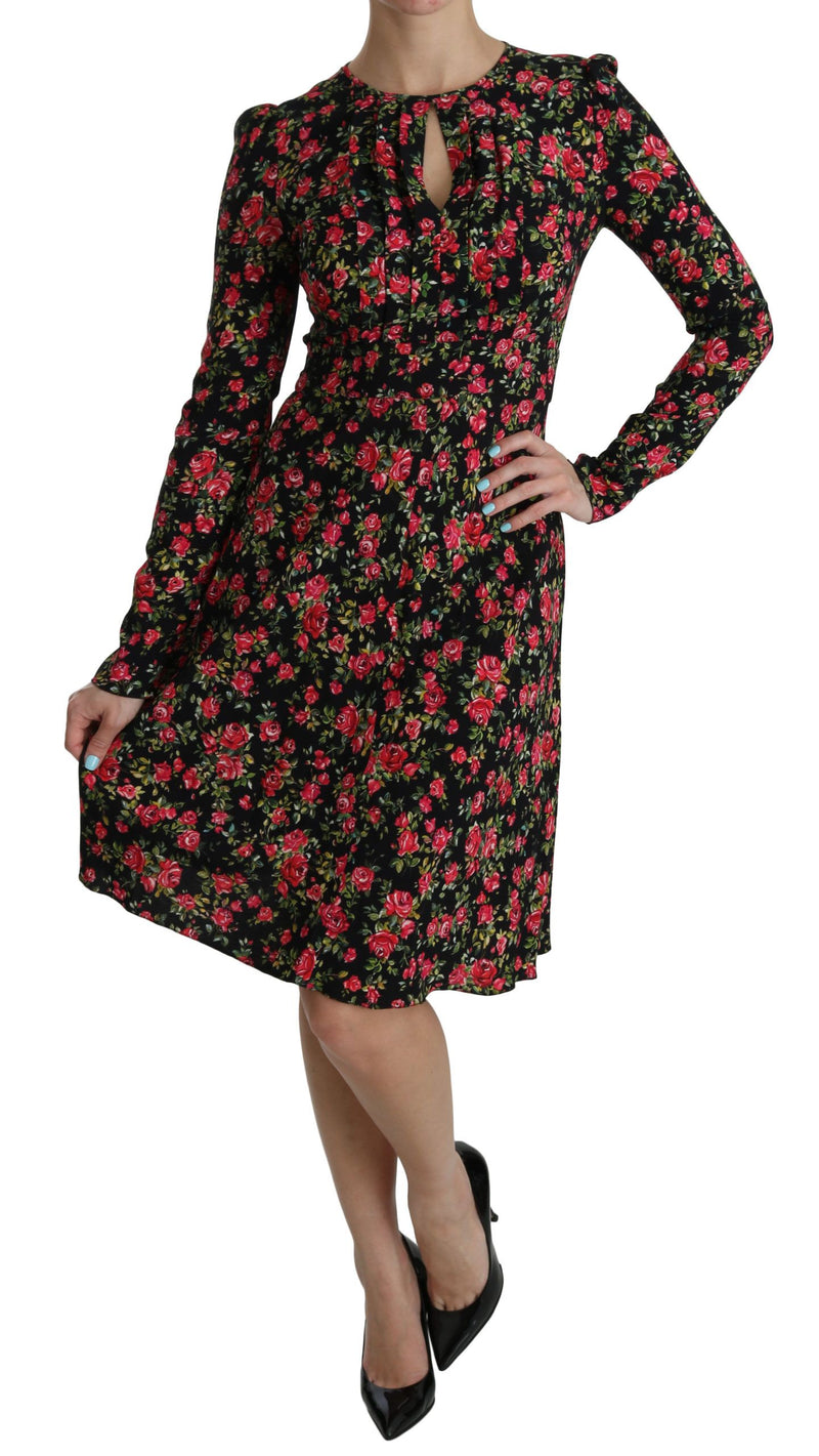 Robe noire à fleurs à manches longues et longueur genou de Dolce &amp; Gabbana