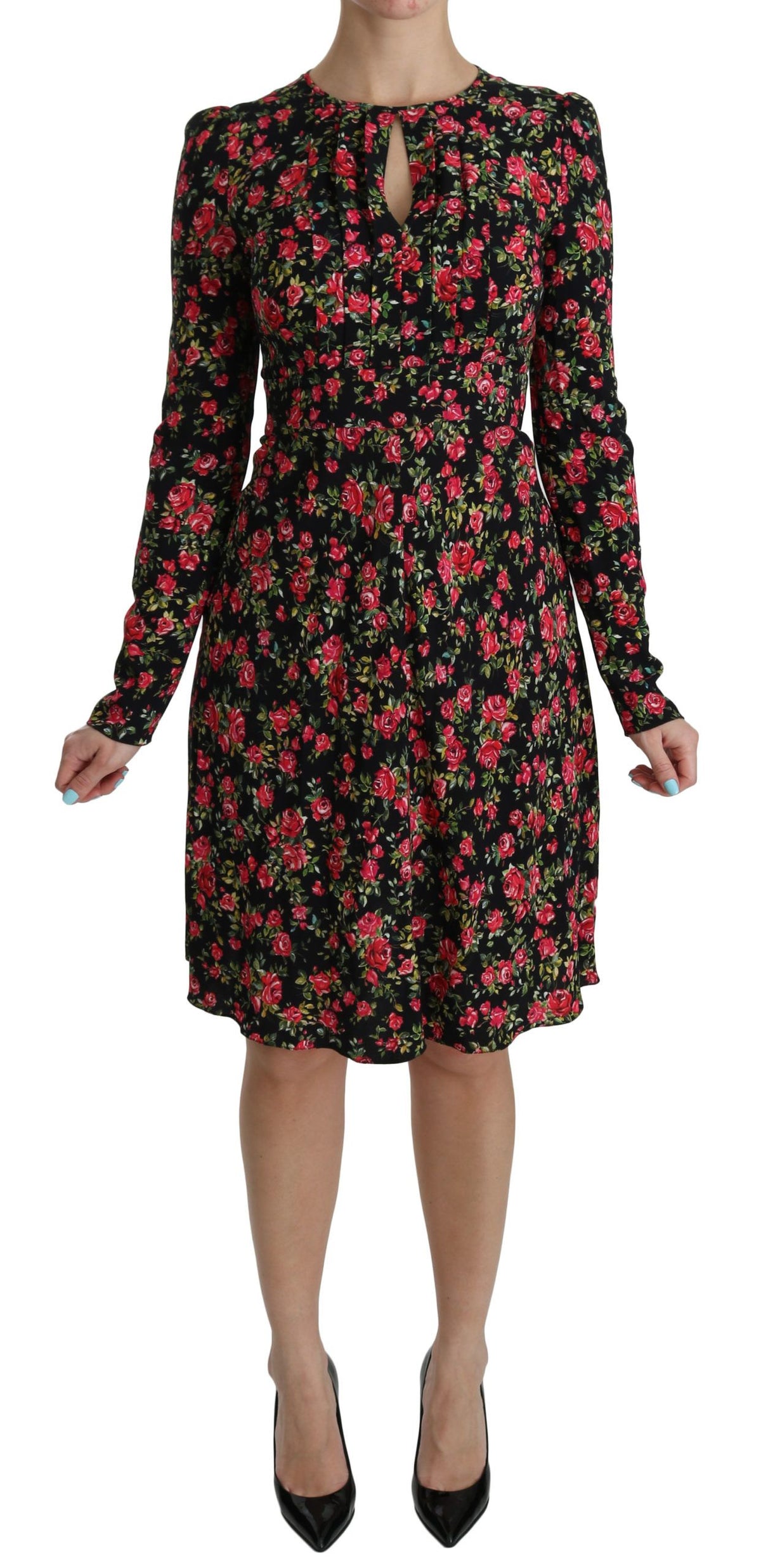 Robe noire à fleurs à manches longues et longueur genou de Dolce &amp; Gabbana