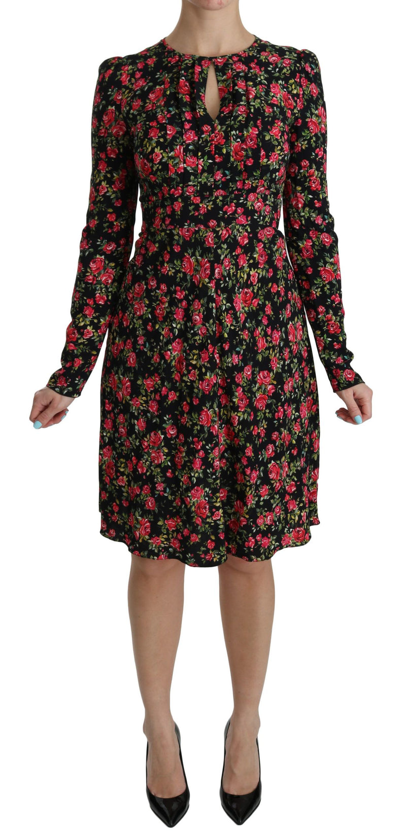 Robe noire à fleurs à manches longues et longueur genou de Dolce &amp; Gabbana