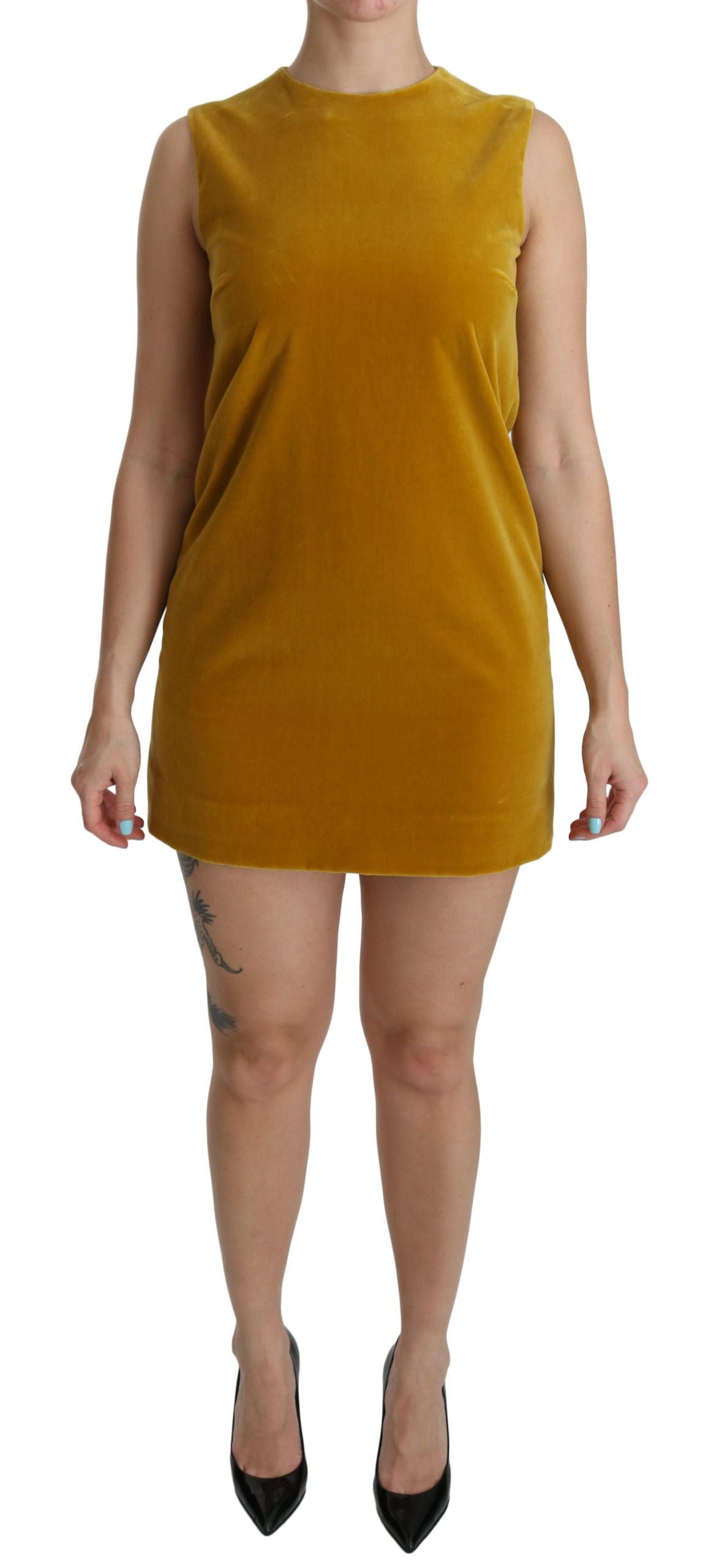 Mini-robe trapèze en velours extensible couleur moutarde de Dolce &amp; Gabbana
